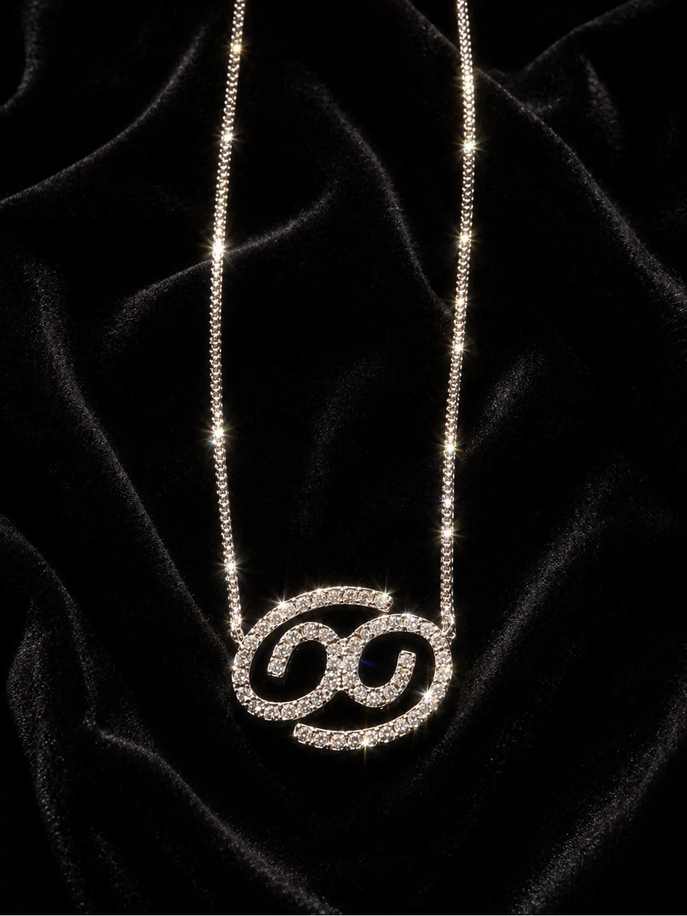 Silver Necklace with the Cancer Astrological Symbol in n Rhinestones